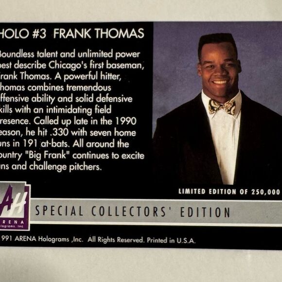 Holographic Baseball Trading Card of frank thomas by arena 1991 limited print - Picture 4 of 4